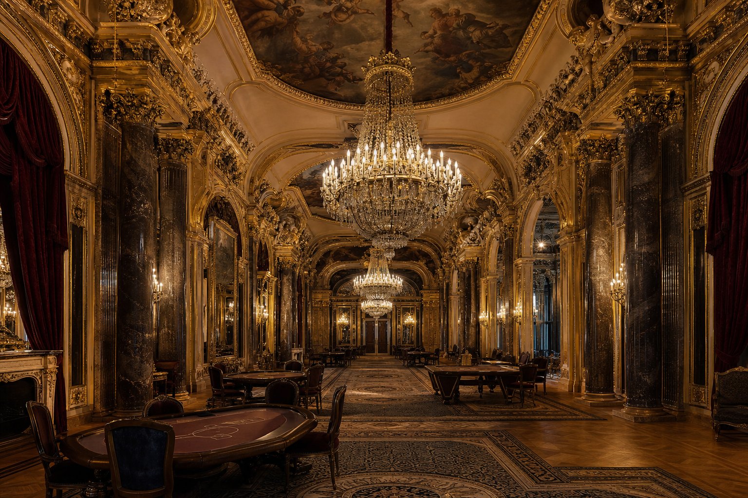 A richly ornamented Belle Époque gaming salon with chandeliers and marble columns