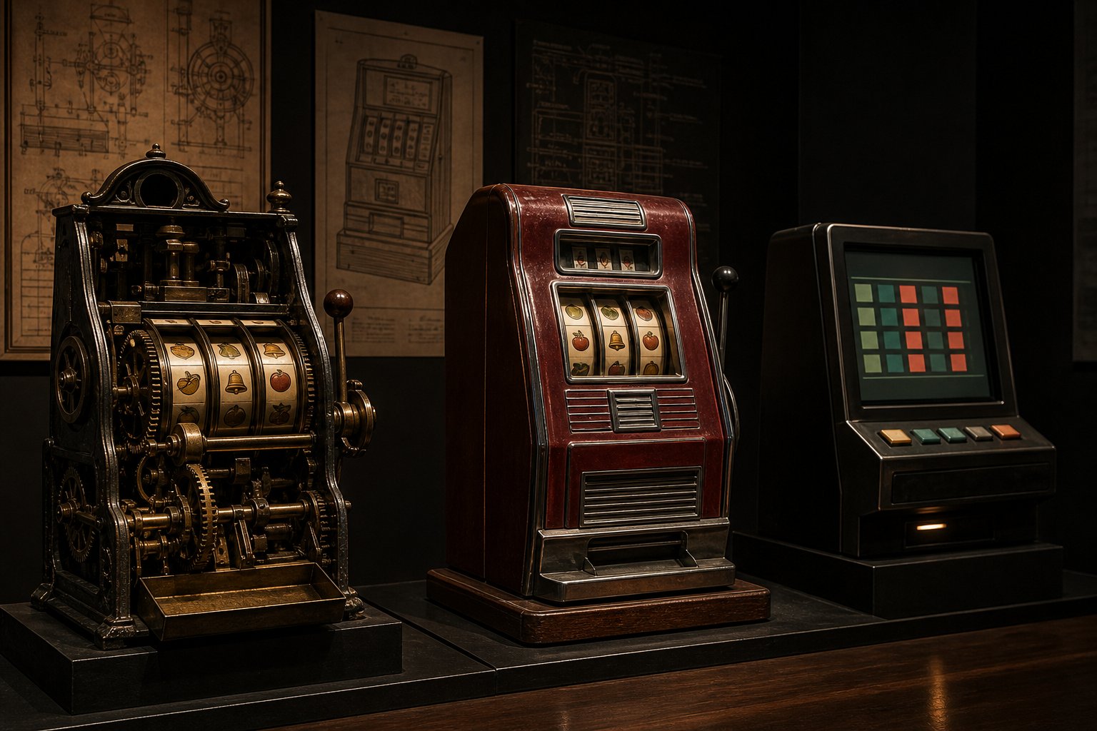 Three unbranded gaming machines illustrating mechanical, electromechanical and digital eras